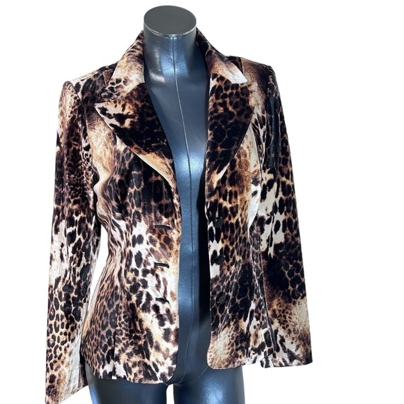 KAY UNGER NEW YORK Velvet Velour Leopard Animal Print Blazer Jacket Women's Sz 6 - Picture 2 of 16